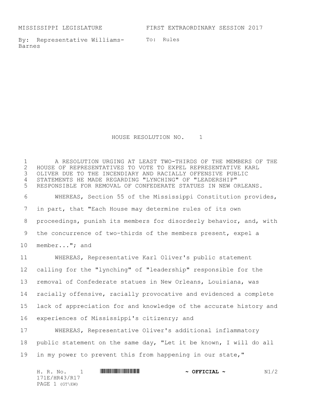 Mississippi Legislature First Extraordinary Session 2017