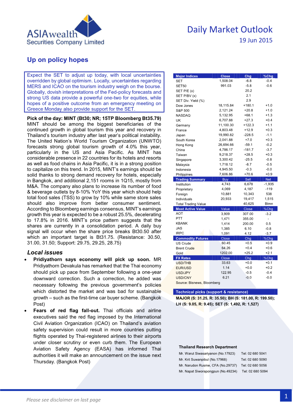 Daily Market Outlook 19 Jun 2015