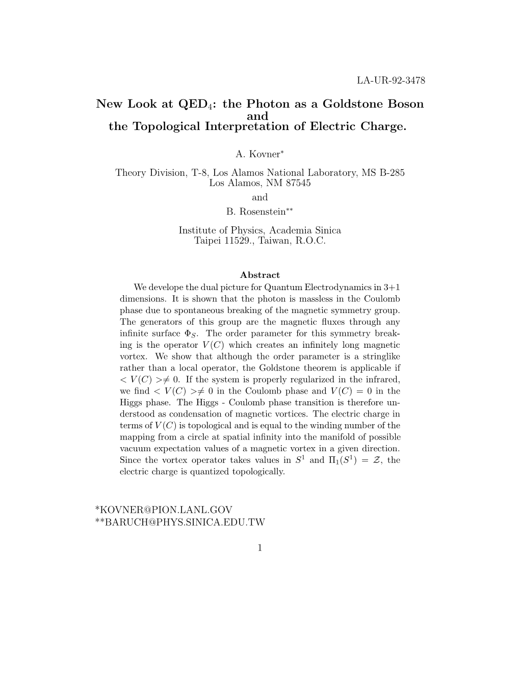 The Photon As a Goldstone Boson and the Topological Interpretation of Electric Charge