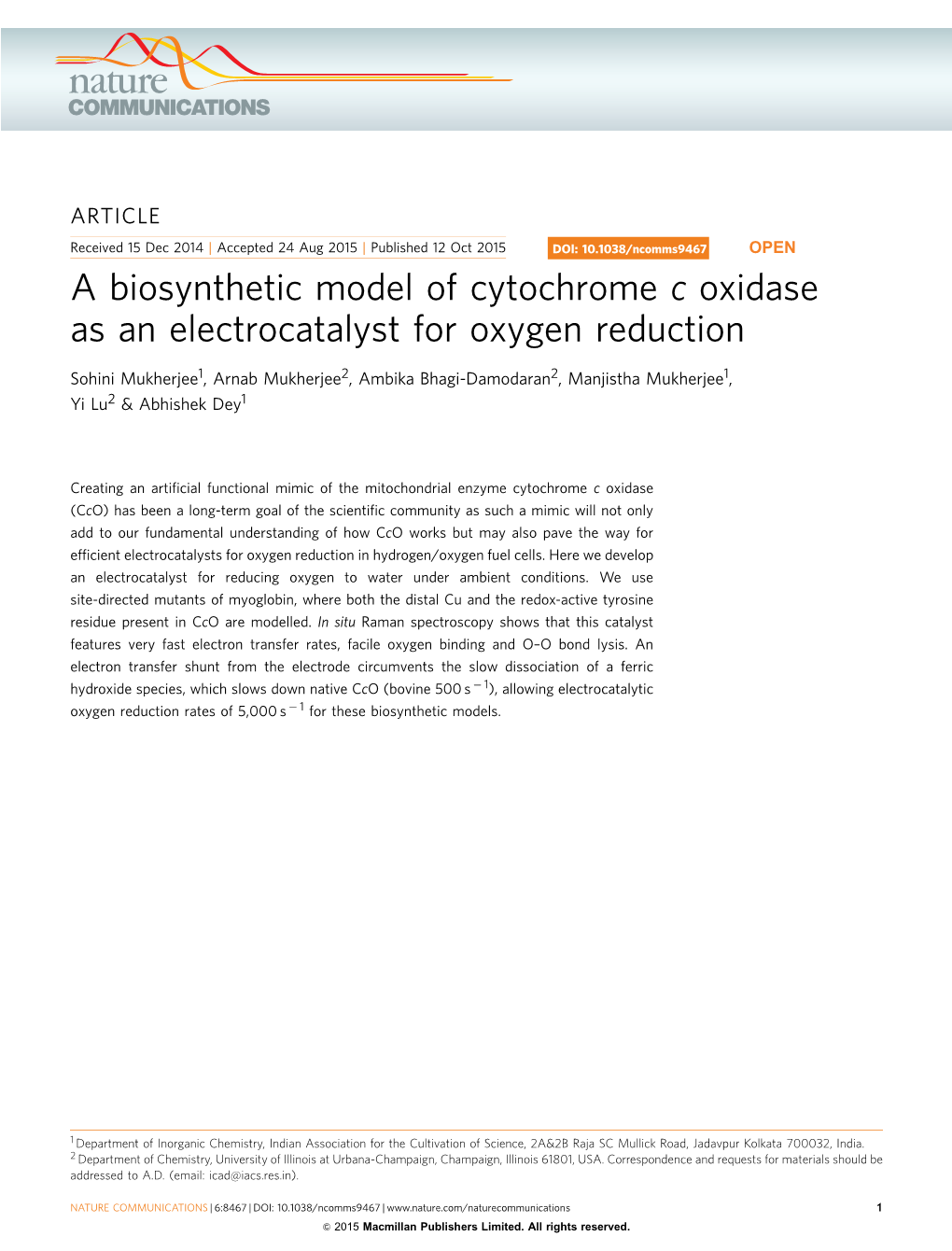 A Biosynthetic Model of Cytochrome C Oxidase As an Electrocatalyst for Oxygen Reduction