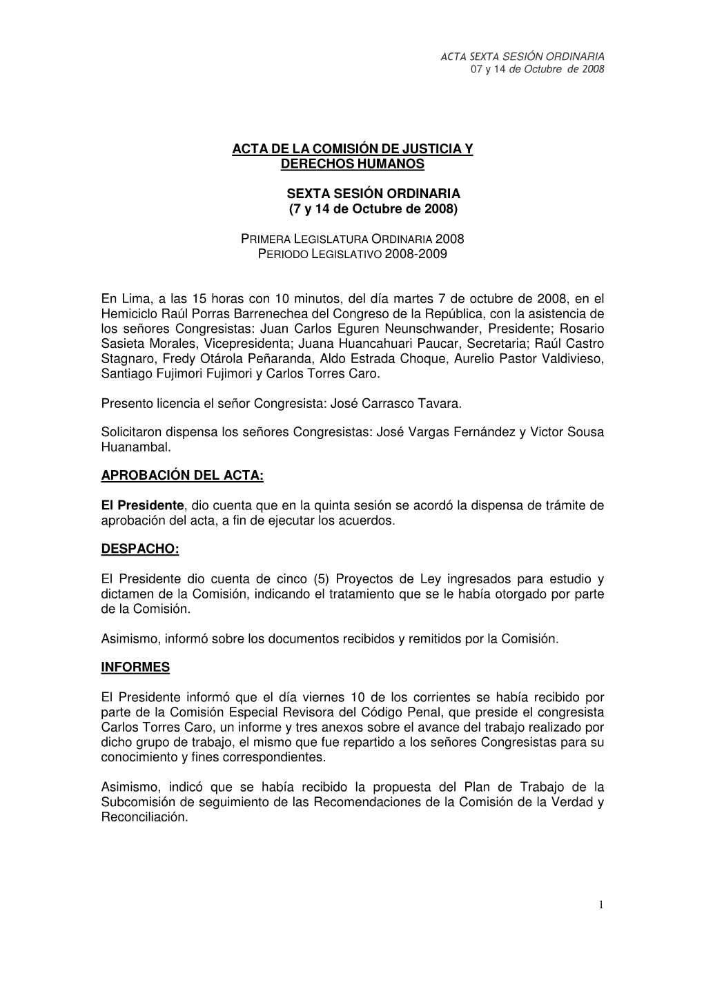 Acta De La Comisión De Justicia Y Derechos Humanos