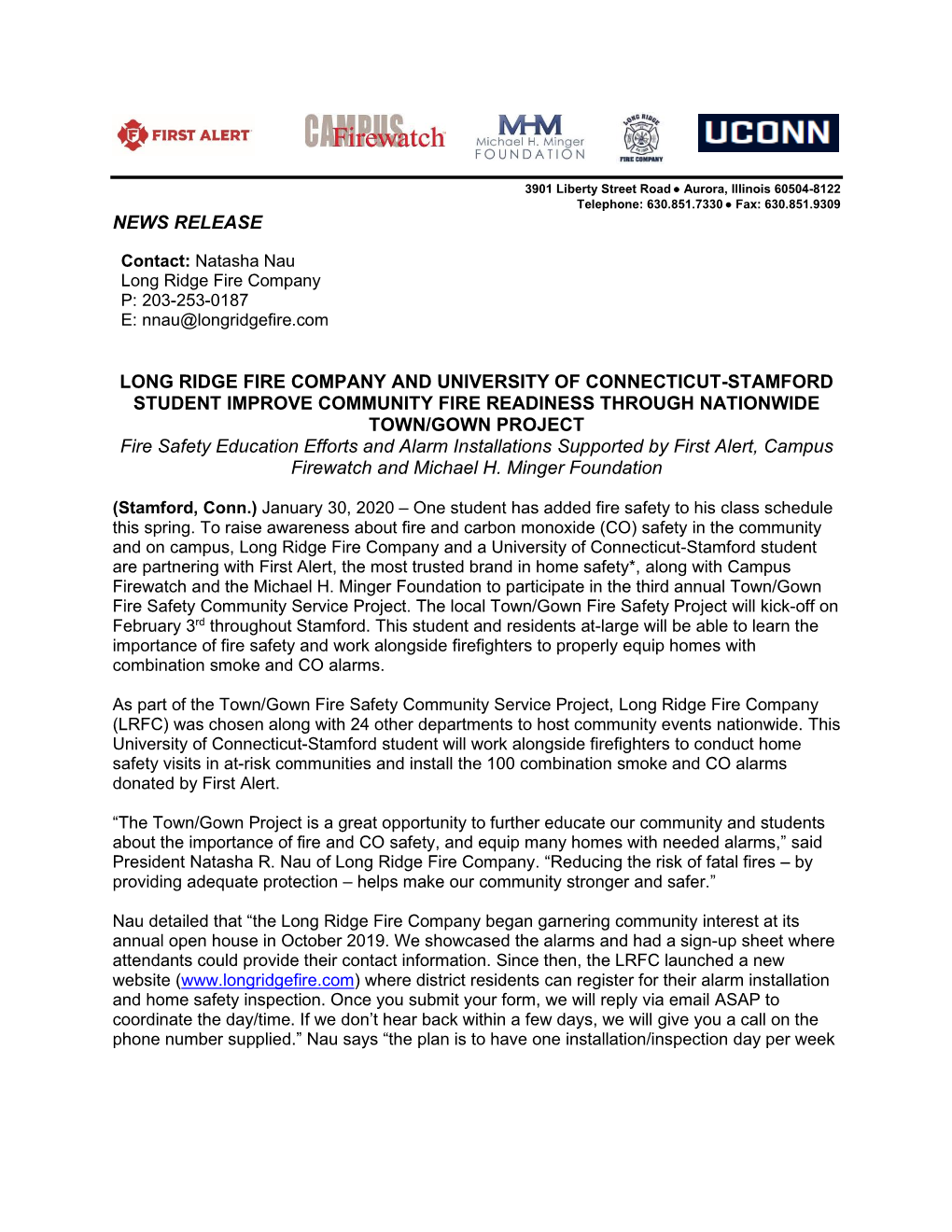 News Release Long Ridge Fire Company and University Of