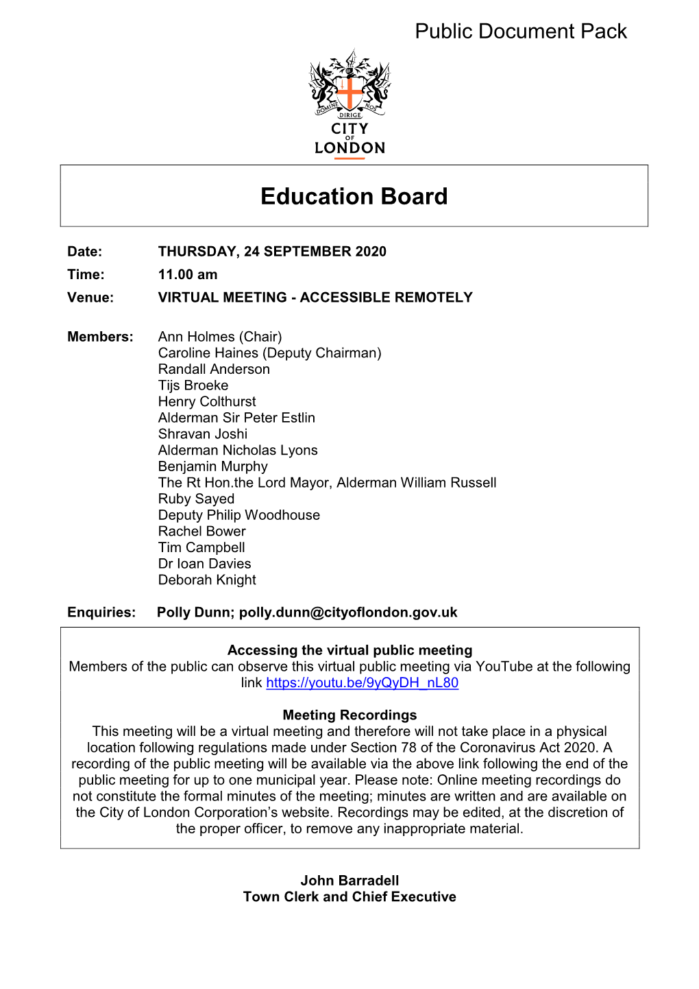 (Public Pack)Agenda Document for Education Board, 24/09/2020 11:00