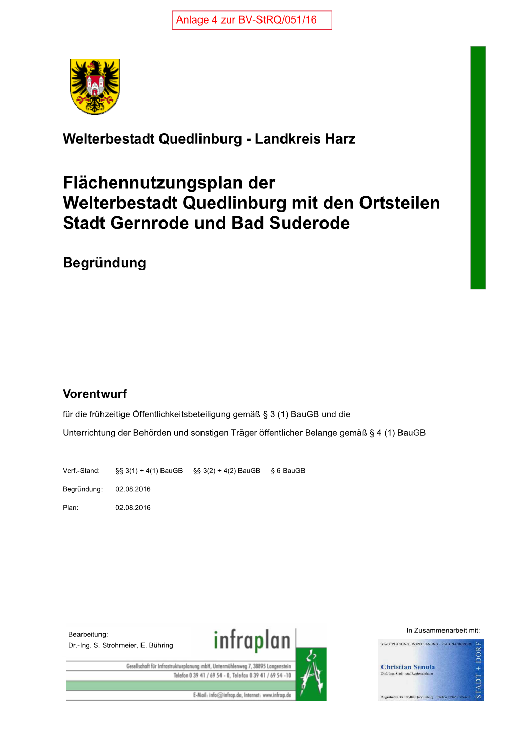 Flächennutzungsplan Der Welterbestadt Quedlinburg Mit Den Ortsteilen Stadt Gernrode Und Bad Suderode