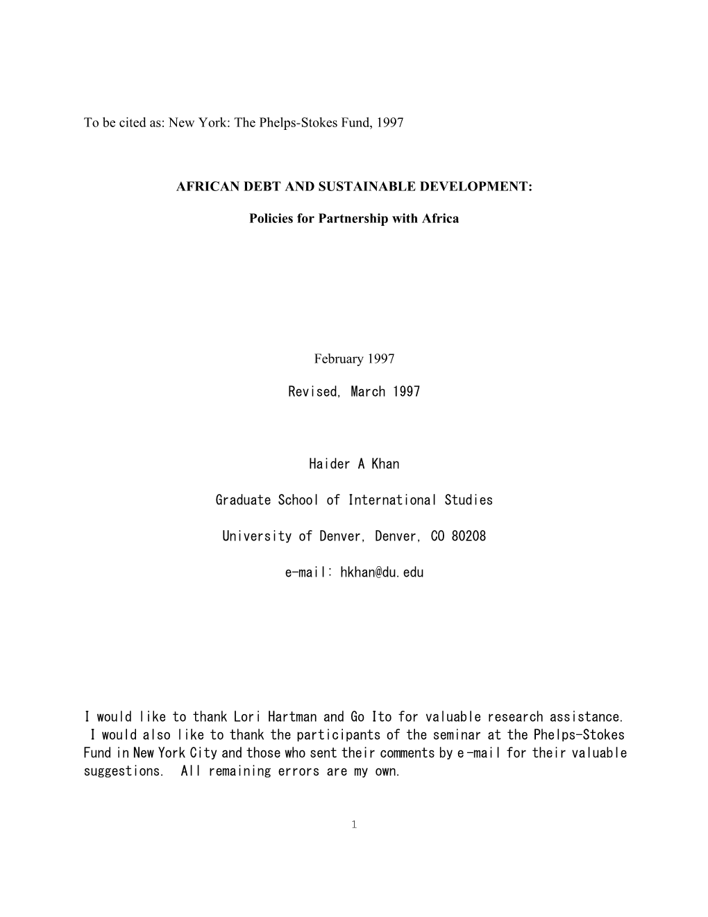 The Phelps-Stokes Fund, 1997 AFRICAN DEBT AND