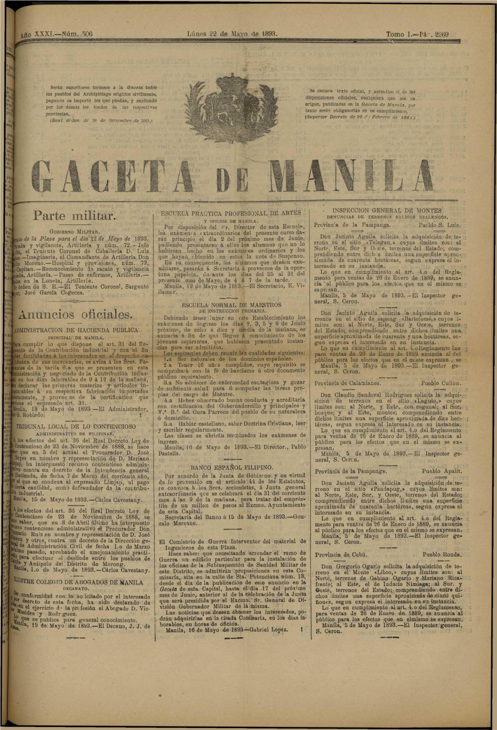 Parte Militar. Y OFICIOS DE MANILA