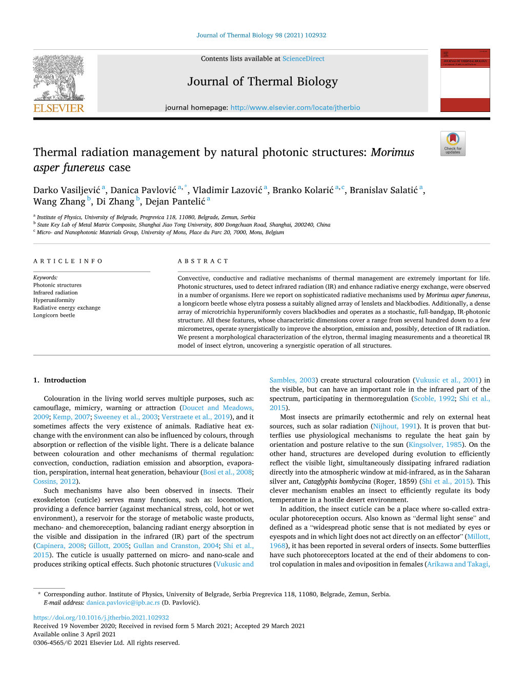 Thermal Radiation Management by Natural Photonic Structures: Morimus Asper Funereus Case