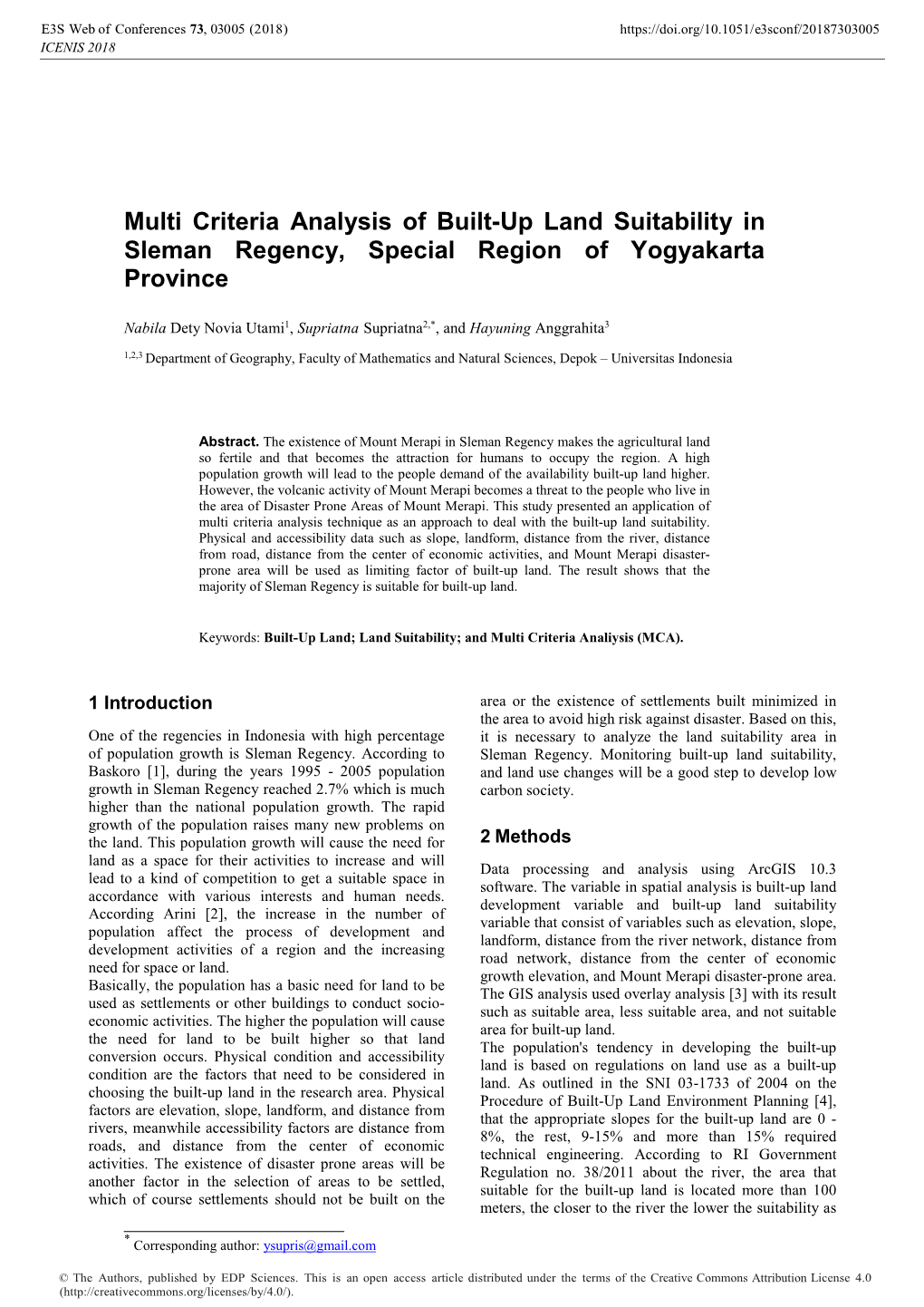 Multi Criteria Analysis of Built-Up Land Suitability in Sleman Regency, Special Region of Yogyakarta Province