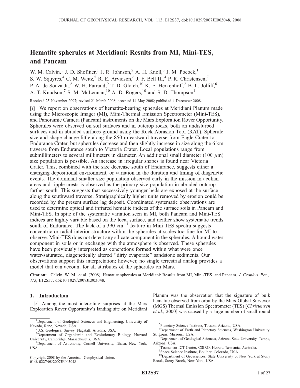 Hematite Spherules at Meridiani: Results from MI, Mini-TES, and Pancam W