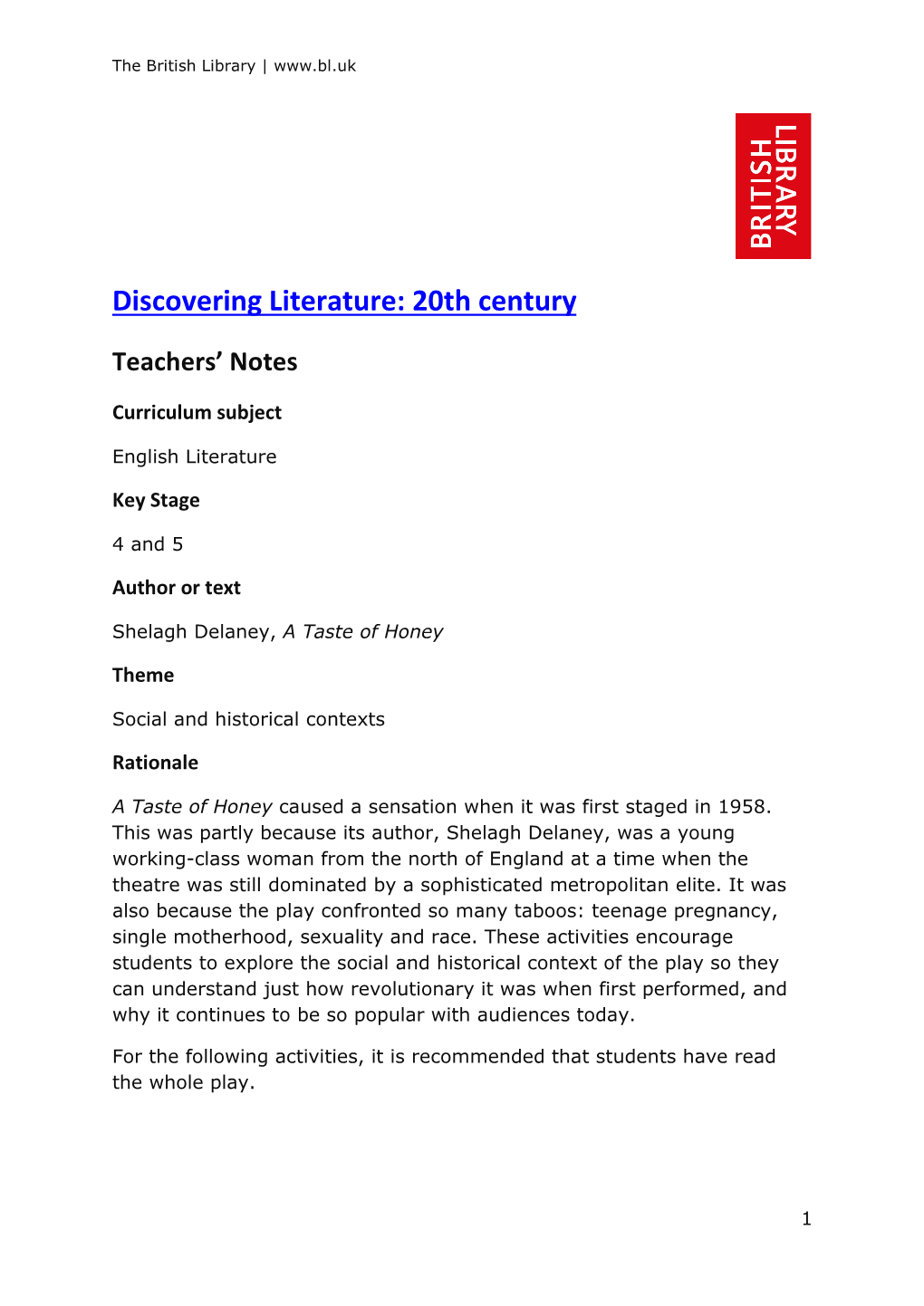 Discovering Literature Teachers' Notes: Shelagh Delaney, a Taste Of