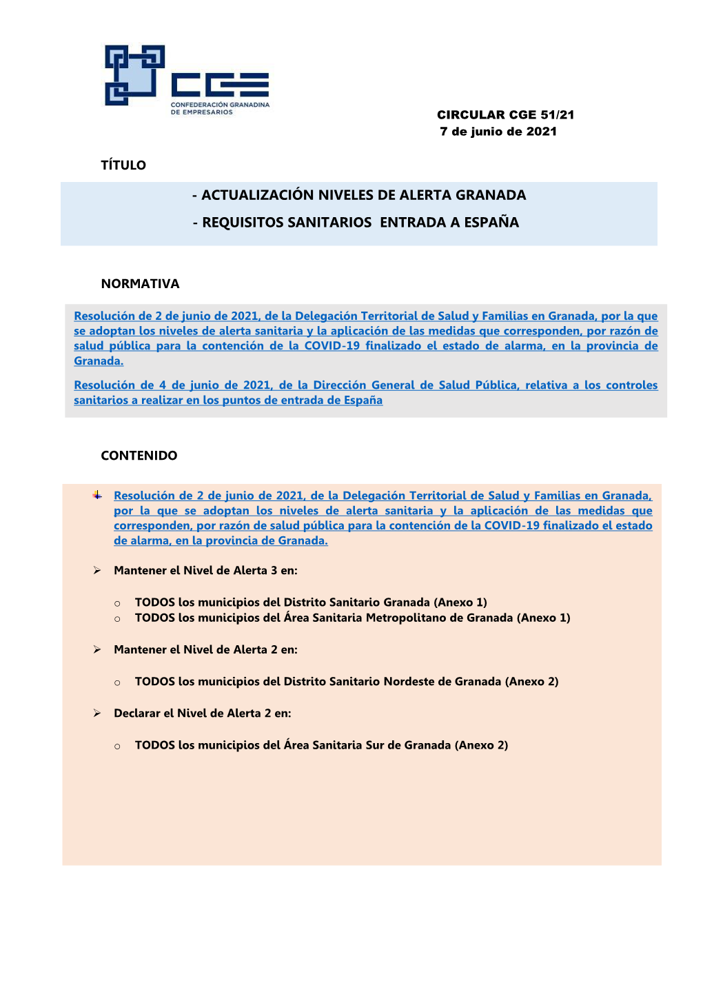 Actualización Niveles De Alerta Granada - Requisitos Sanitarios Entrada a España