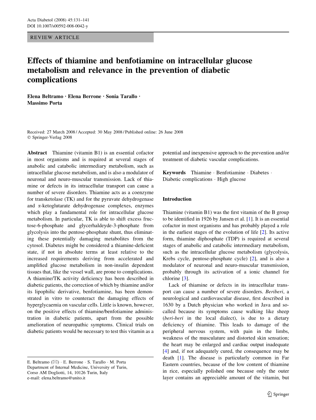 Effects of Thiamine and Benfotiamine on Intracellular Glucose Metabolism and Relevance in the Prevention of Diabetic Complications