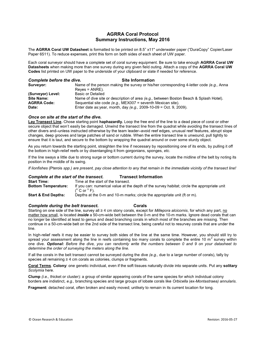 AGRRA Coral Protocol Summary Instructions, May 2016