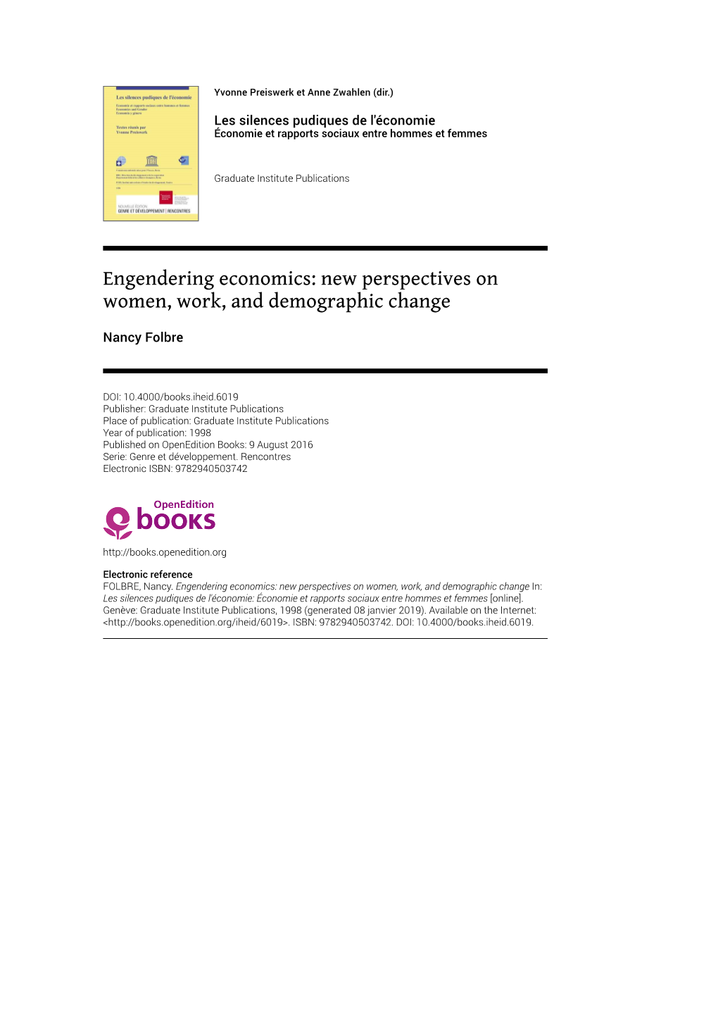 Engendering Economics: New Perspectives on Women, Work, and Demographic Change