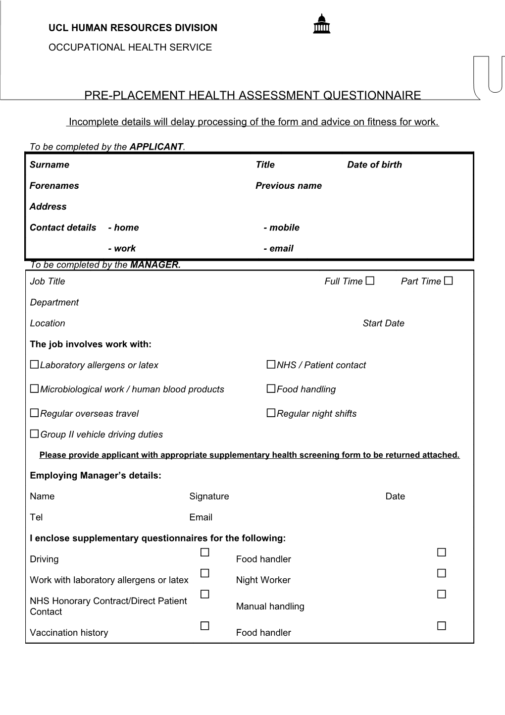 Pre-Placement Health Assessment Questionnaire