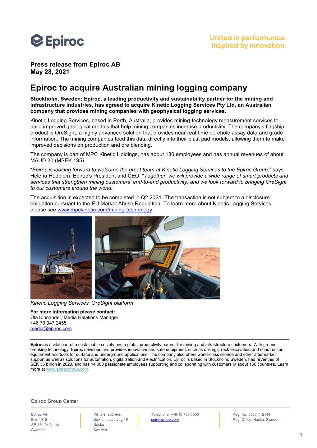 20210528 Epiroc to Acquire Australian Mining Logging Company