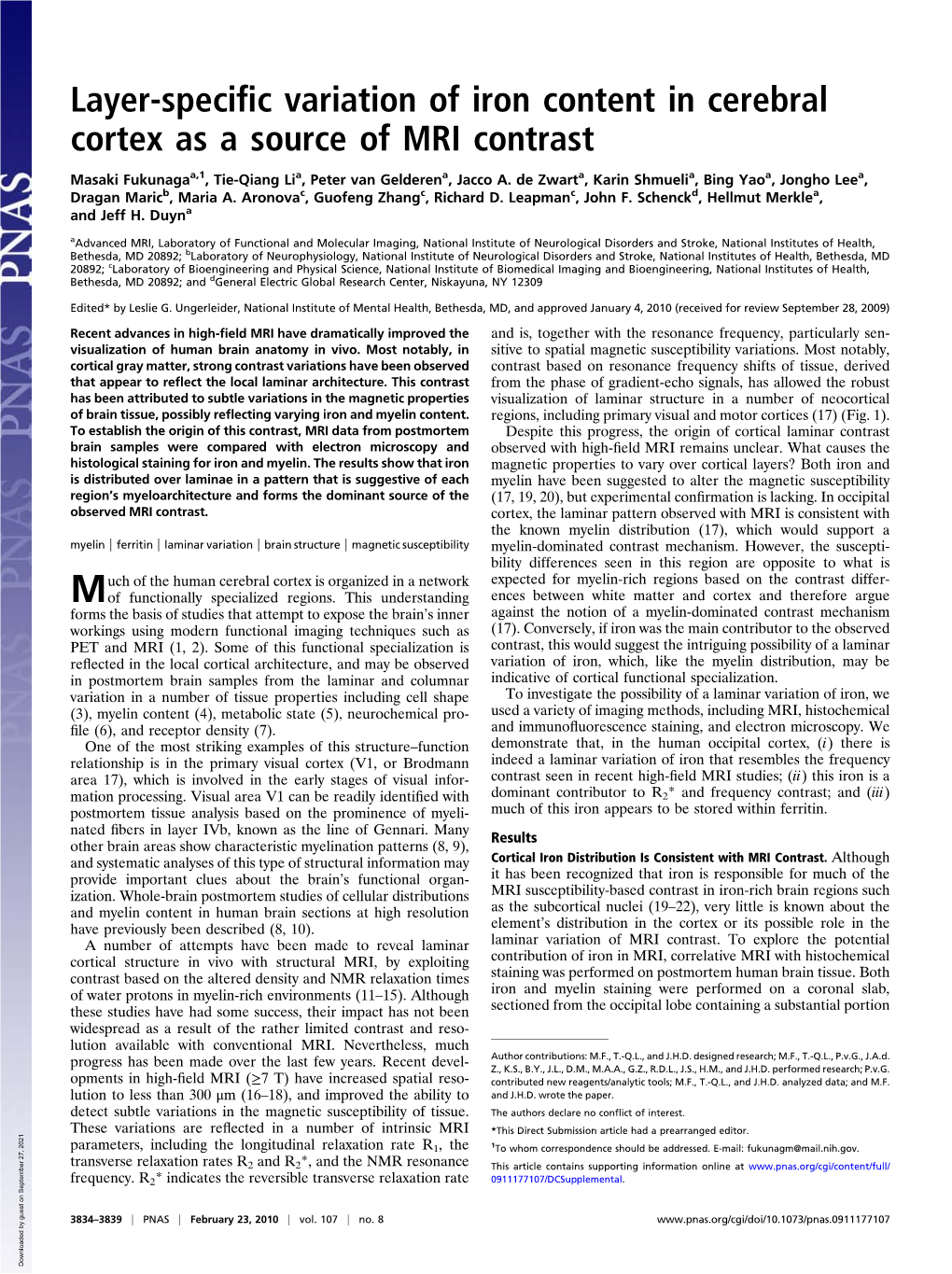 Layer-Specific Variation of Iron Content in Cerebral Cortex As a Source Of