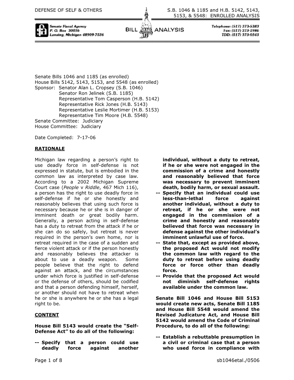 Page 1 of 8 Sb1046etal./0506 DEFENSE of SELF & OTHERS S.B