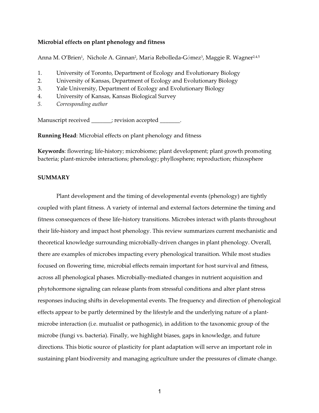 1 Microbial Effects on Plant Phenology and Fitness Anna M. O'brien1