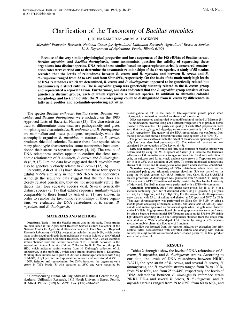Clarification of the Taxonomy of Bacillus Mycoides