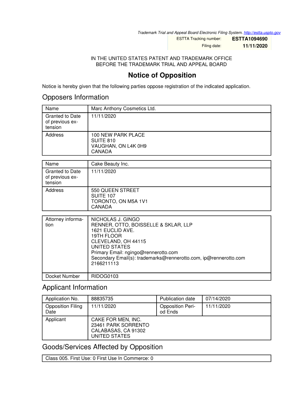 Notice of Opposition Opposers Information Applicant Information