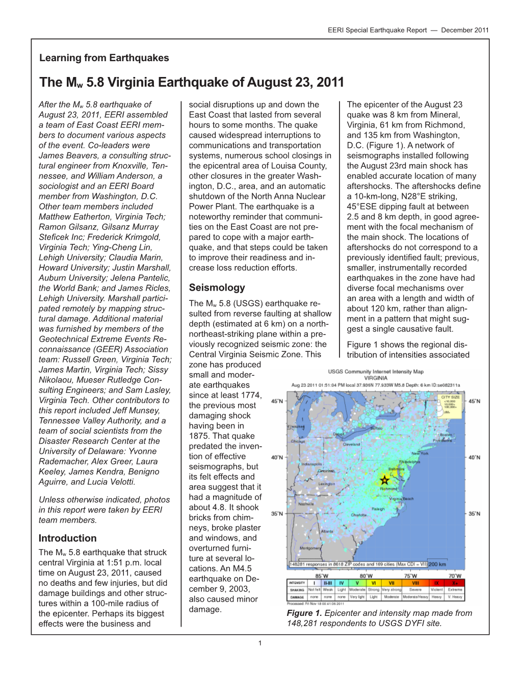 The Mw 5.8 Virginia Earthquake of August 23, 2011 EERI, GEER, And
