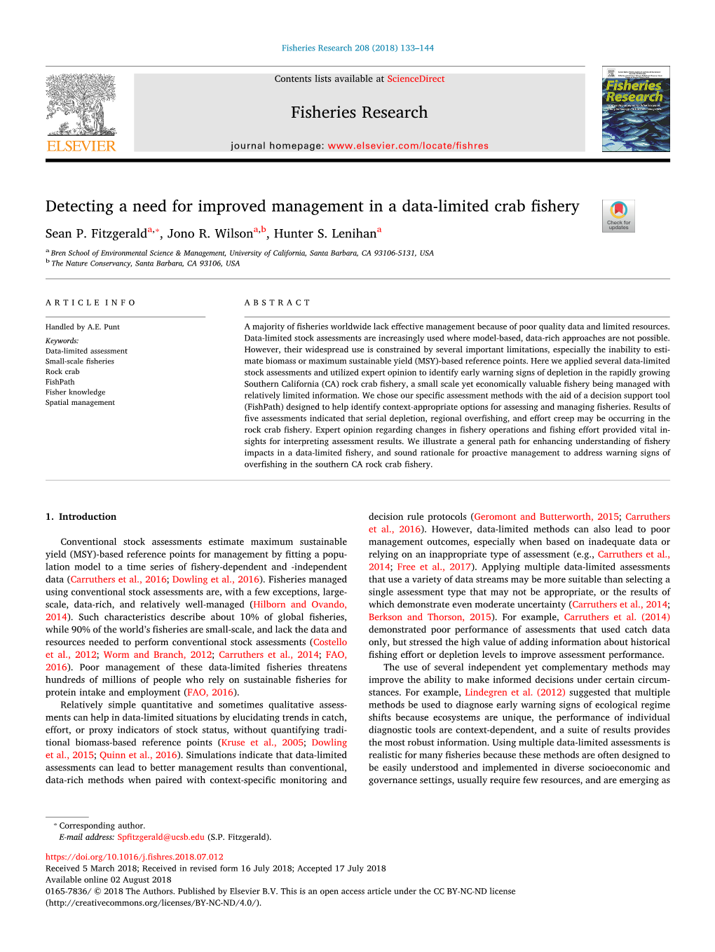 Detecting a Need for Improved Management in a Data-Limited Crab ﬁshery ⁎ T Sean P