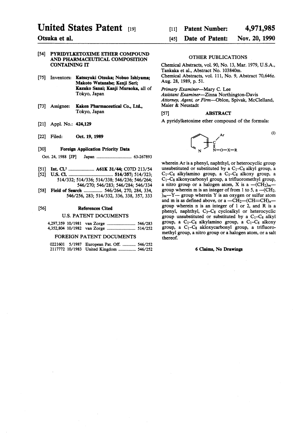 United States Patent (19) 11 Patent Number: 4,971,985 Otsuka Et Al