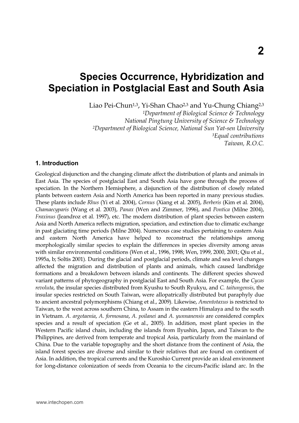 Species Occurrence, Hybridization and Speciation in Postglacial East and South Asia