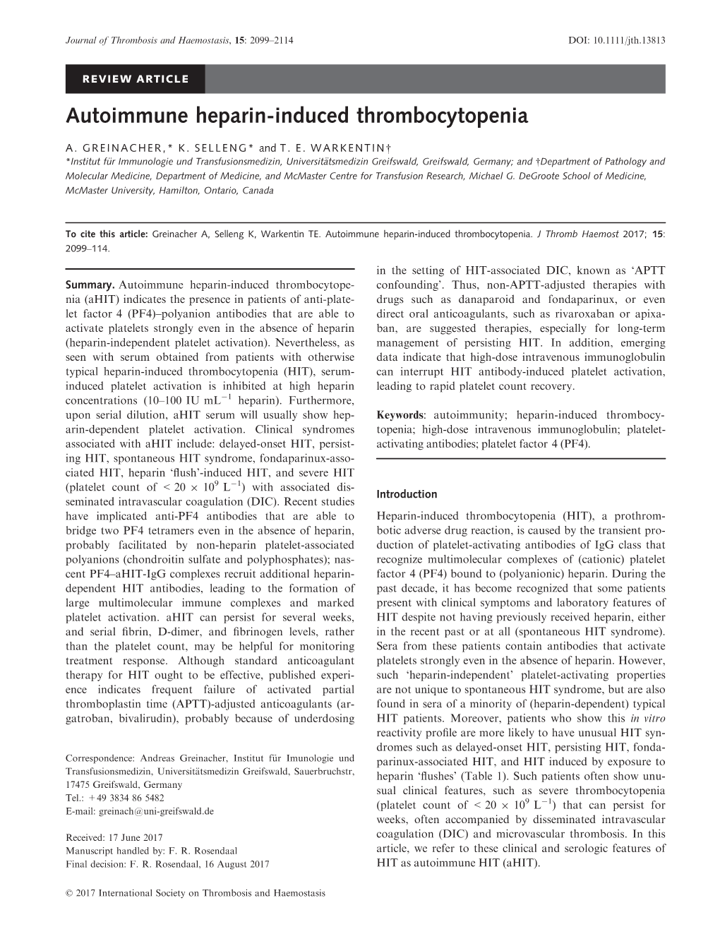 Autoimmune Heparin‐Induced Thrombocytopenia