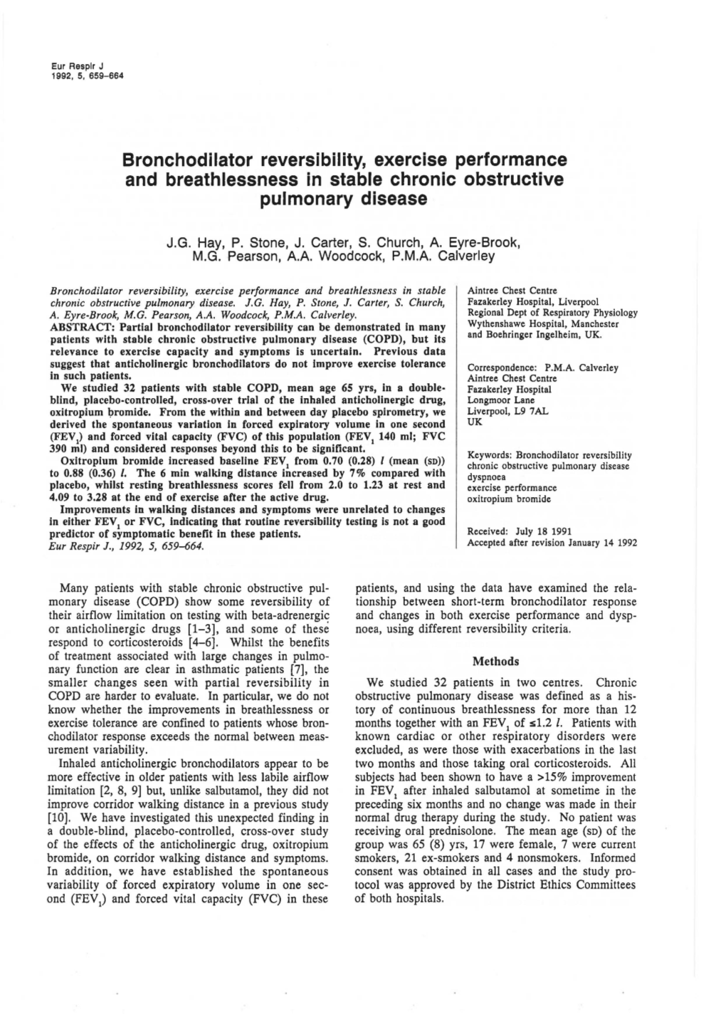 Bronchodilator Reversibility, Exercise Performance and Breathlessness in Stable Chronic Obstructive Pulmonary Disease