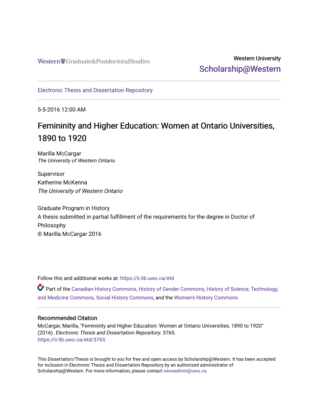 Femininity and Higher Education: Women at Ontario Universities, 1890 to 1920