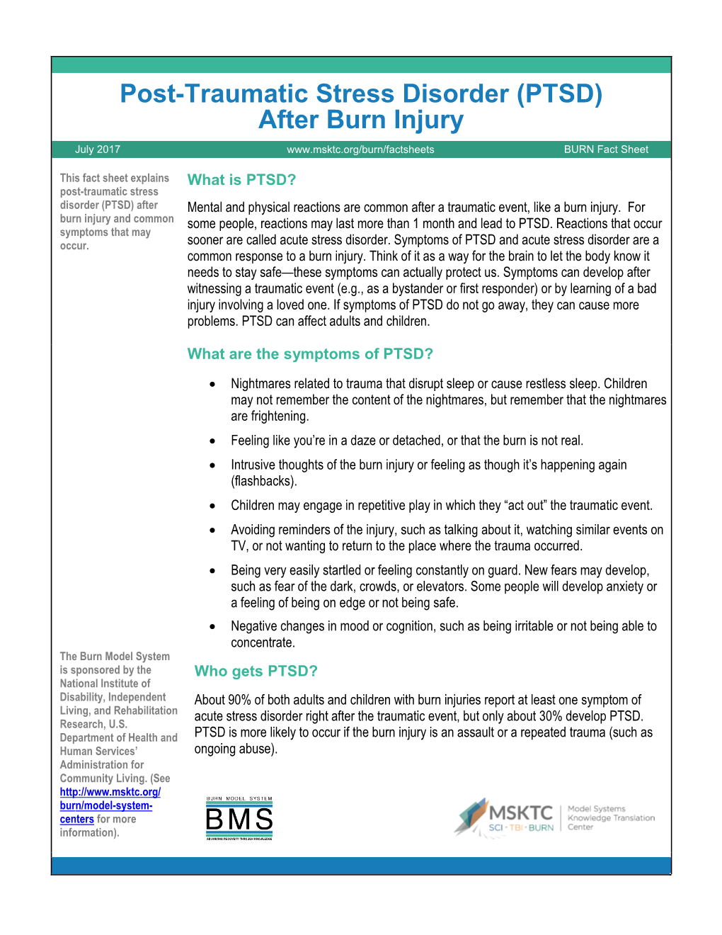 (PTSD) After Burn Injury July 2017 BURN Fact Sheet