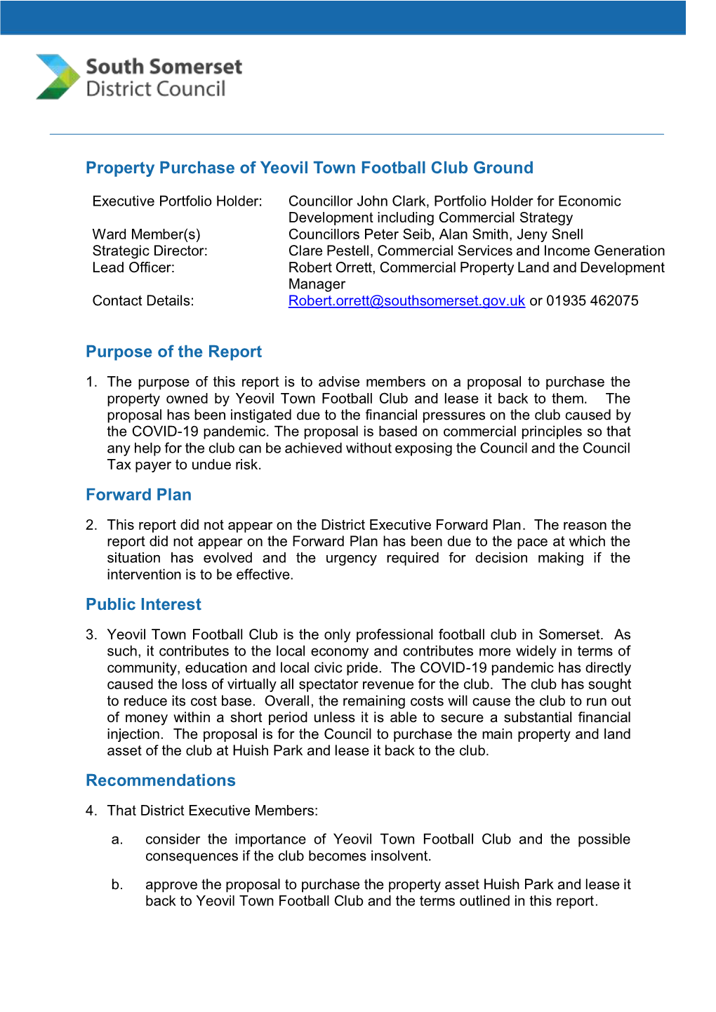 Property Purchase of Yeovil Town Football Club Ground