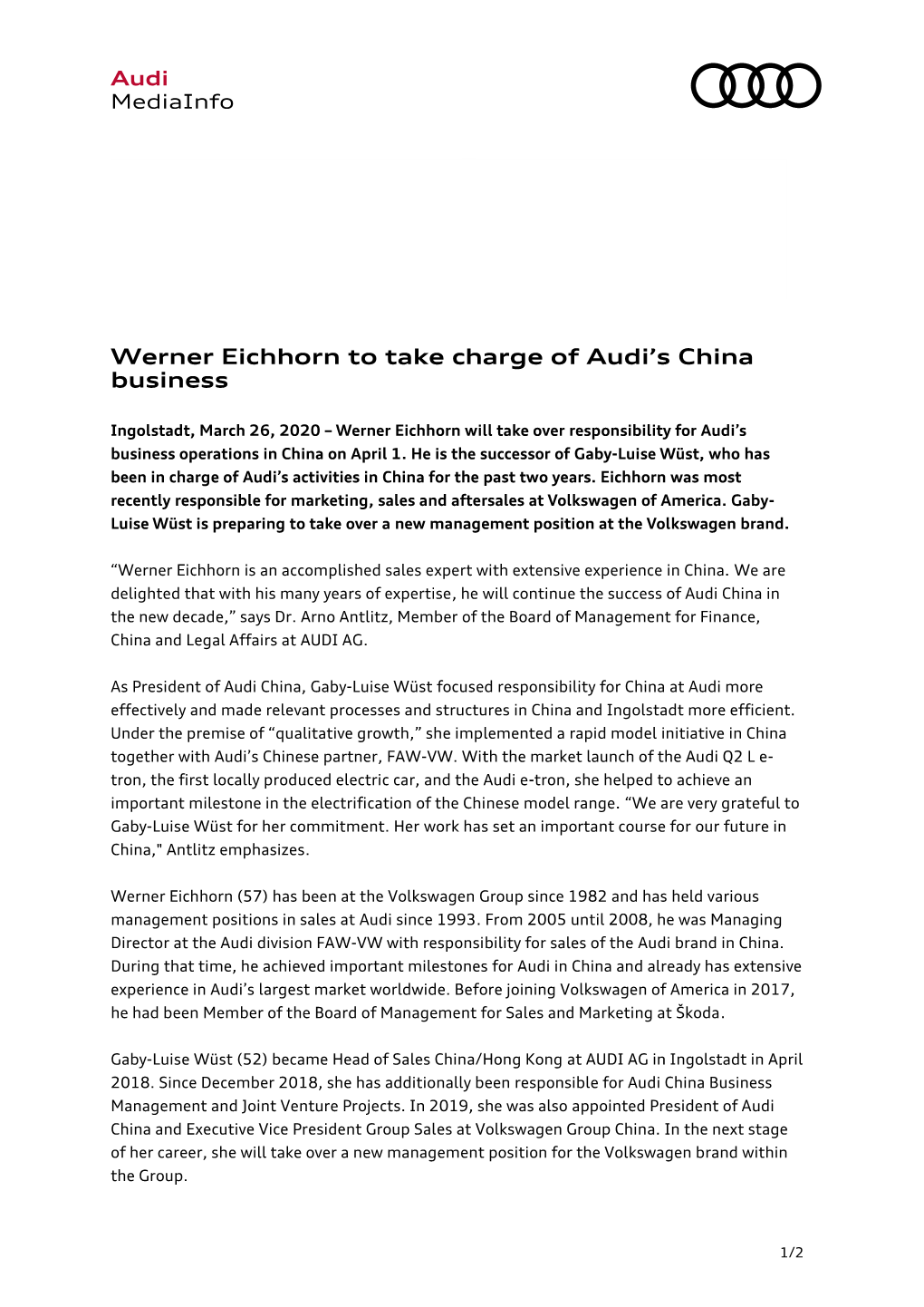 Werner Eichhorn to Take Charge of Audi's China Business