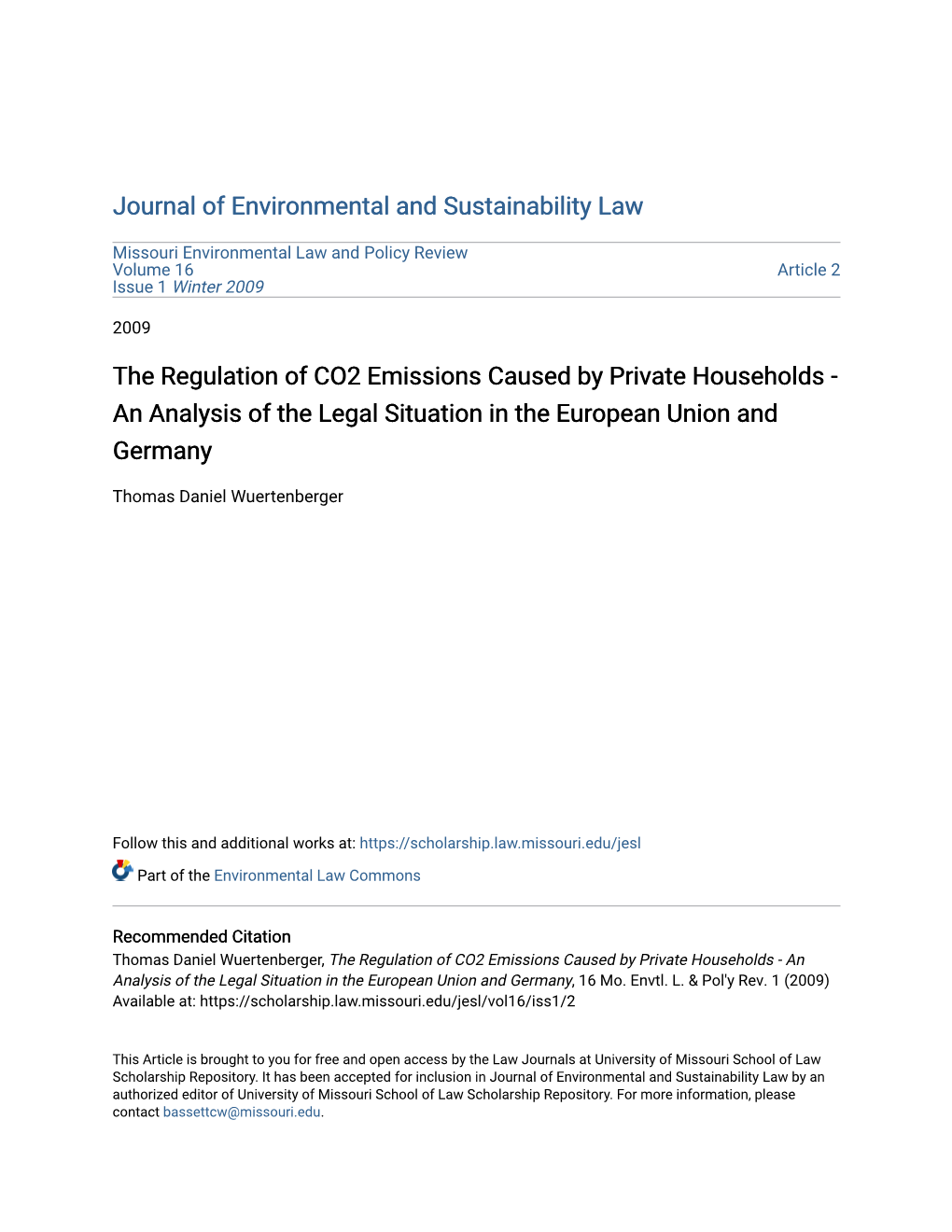 The Regulation of CO2 Emissions Caused by Private Households - an Analysis of the Legal Situation in the European Union and Germany
