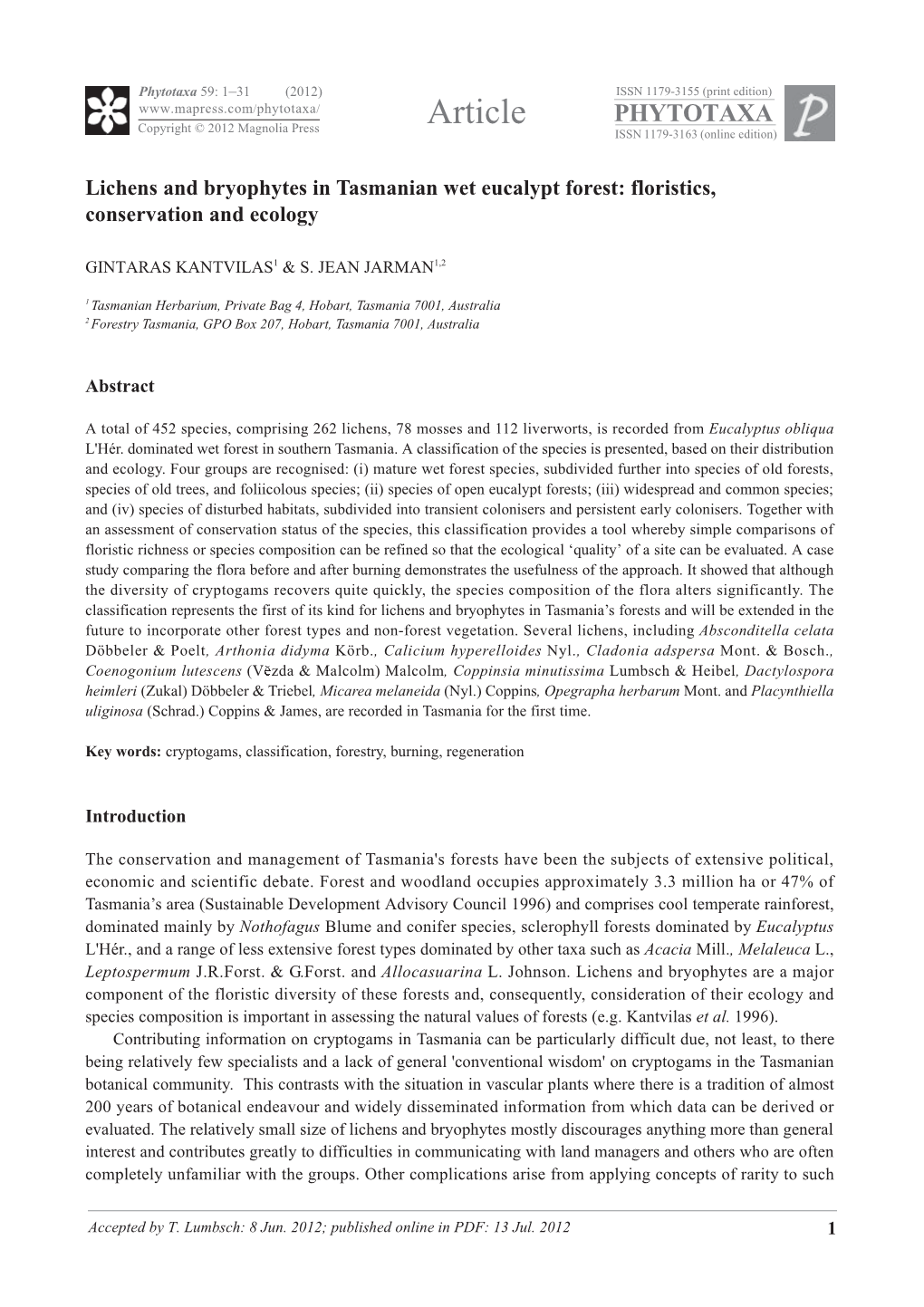 Article PHYTOTAXA Copyright © 2012 Magnolia Press ISSN 1179-3163 (Online Edition)