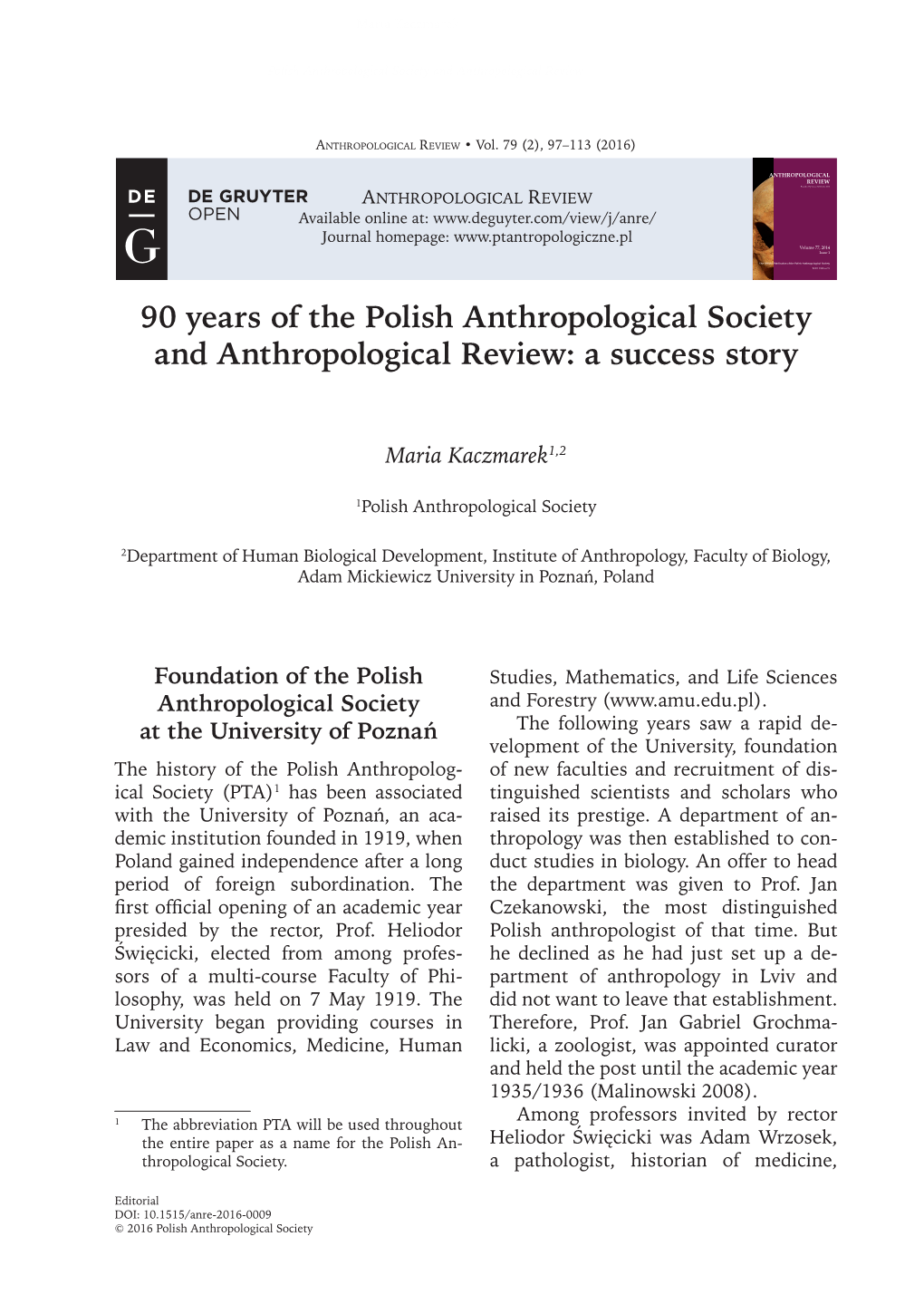 90 Years of the Polish Anthropological Society and Anthropological Review: a Success Story