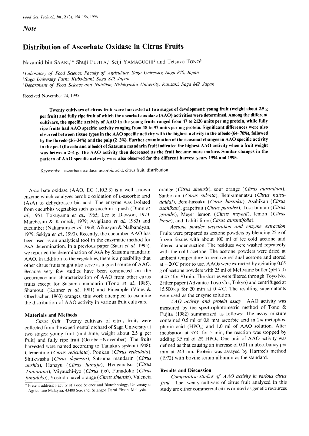 Distribution of Ascorbate Oxidase in Citrus Fruits