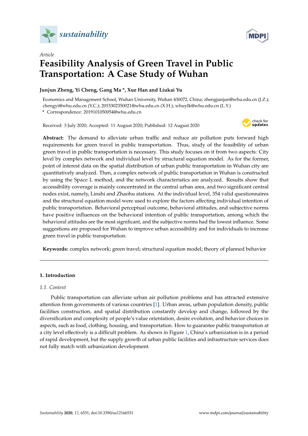 Feasibility Analysis of Green Travel in Public Transportation: a Case Study of Wuhan