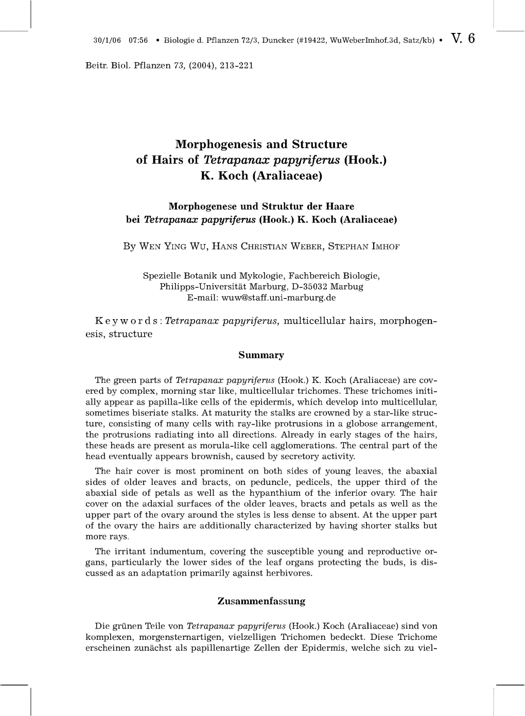 Morphogenesis and Structure of Hairs of Tetrapanax Papyriferus (Hook.) K