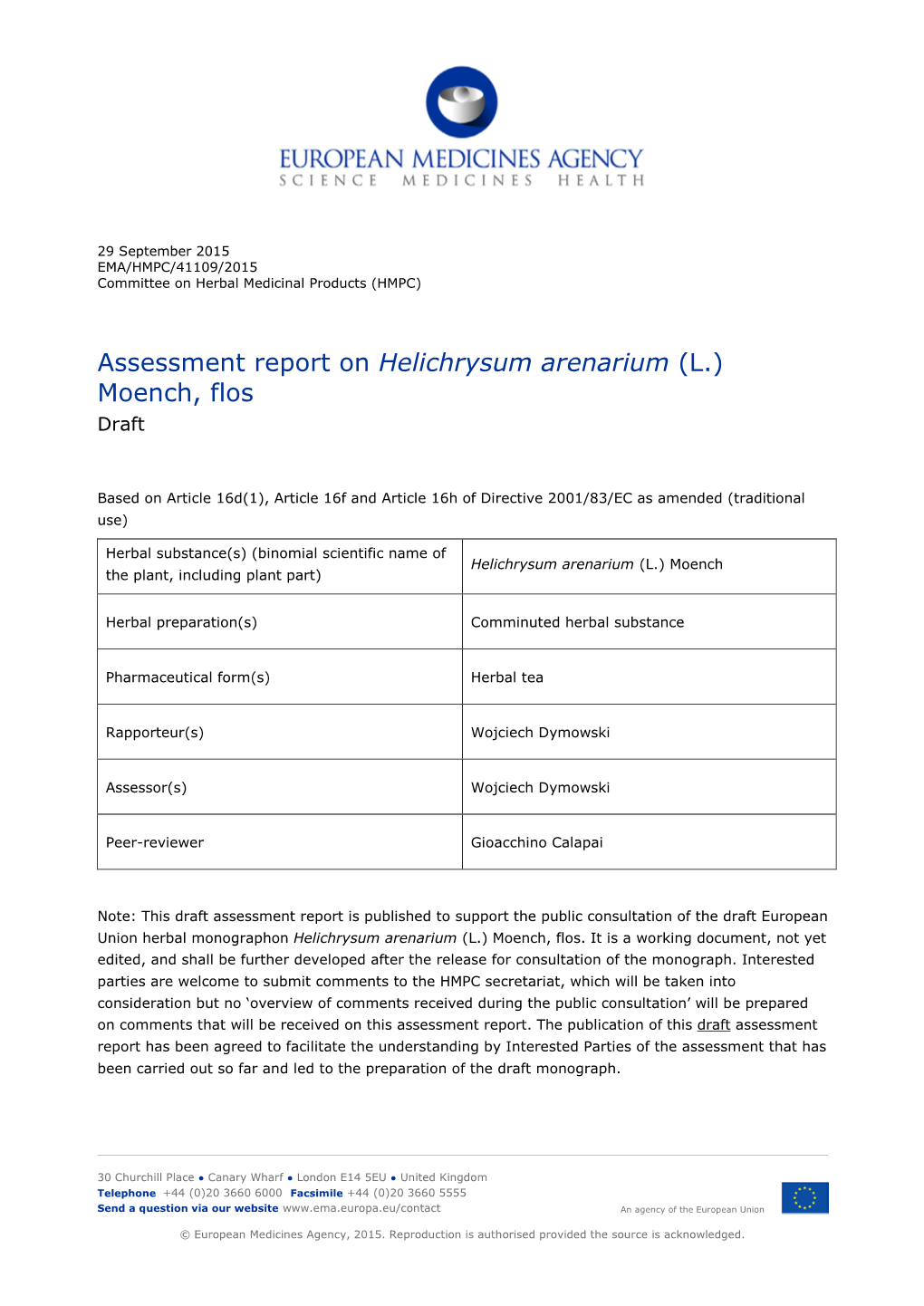 Assessment Report on Helichrysum Arenarium (L.) Moench, Flos Draft