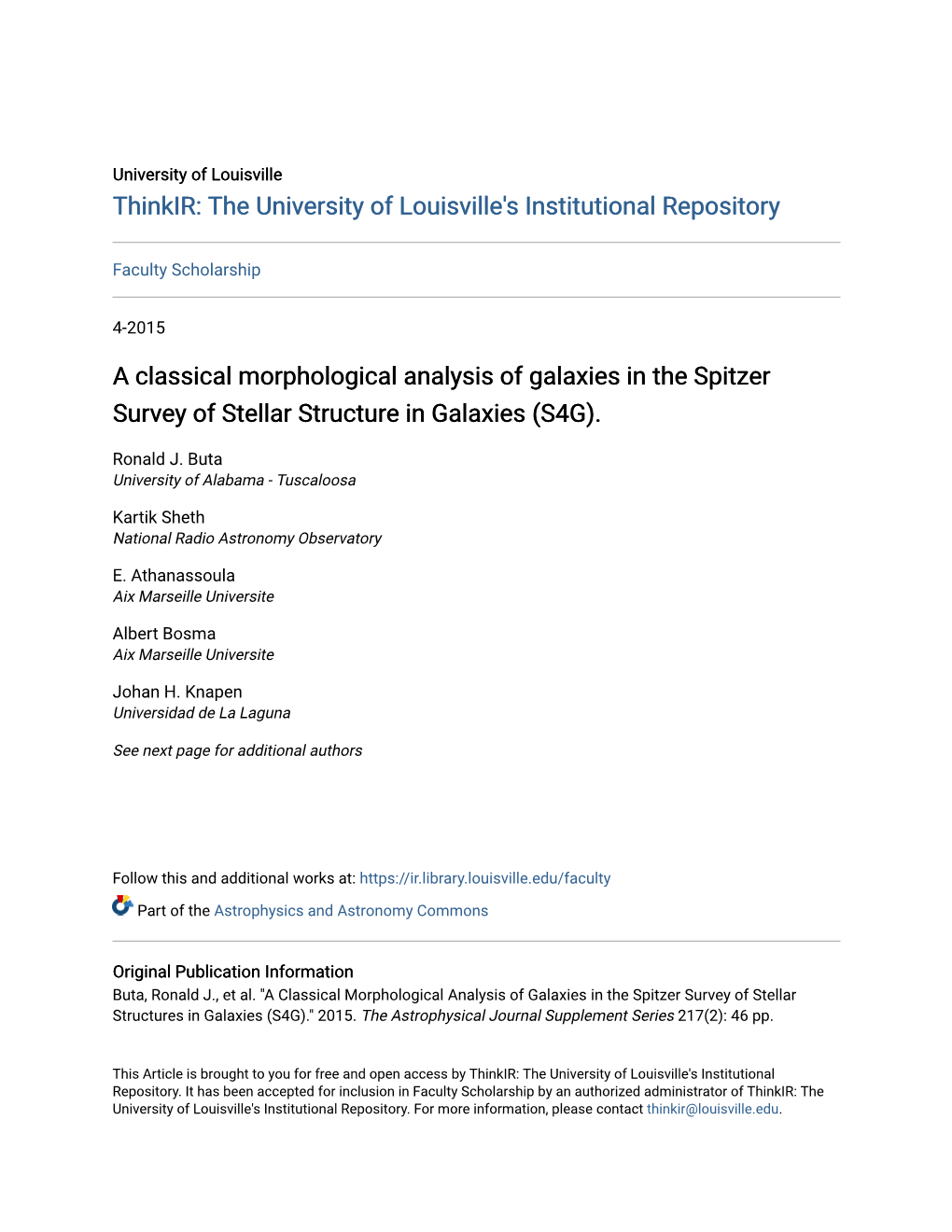 A Classical Morphological Analysis of Galaxies in the Spitzer Survey of Stellar Structure in Galaxies (S4G)