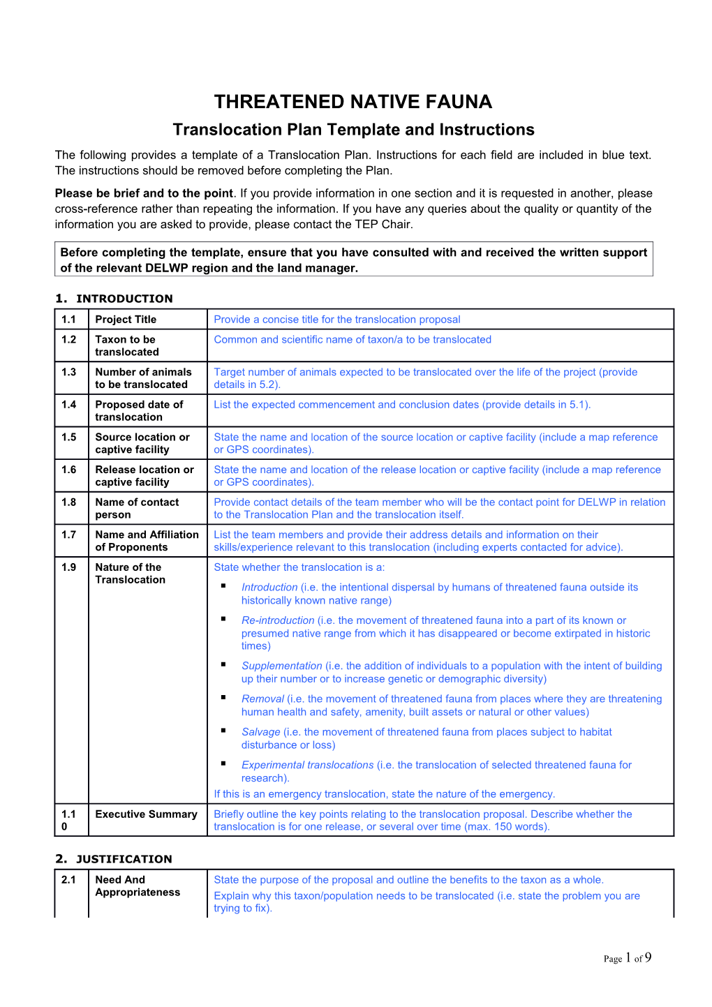 Translocation Plan Template and Instructions