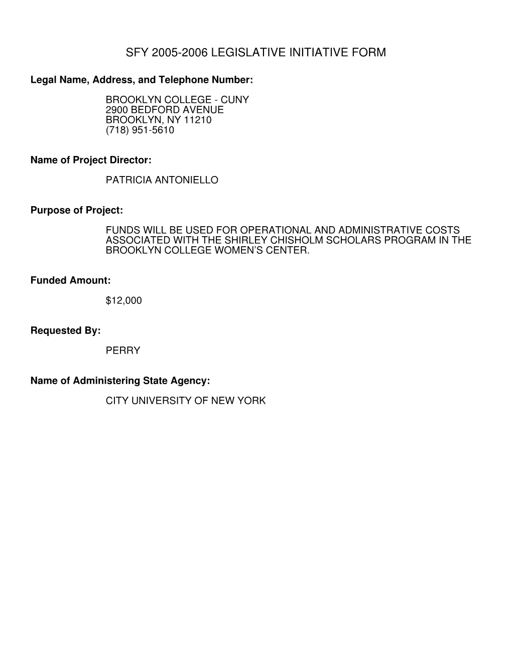 Sfy 2005-2006 Legislative Initiative Form