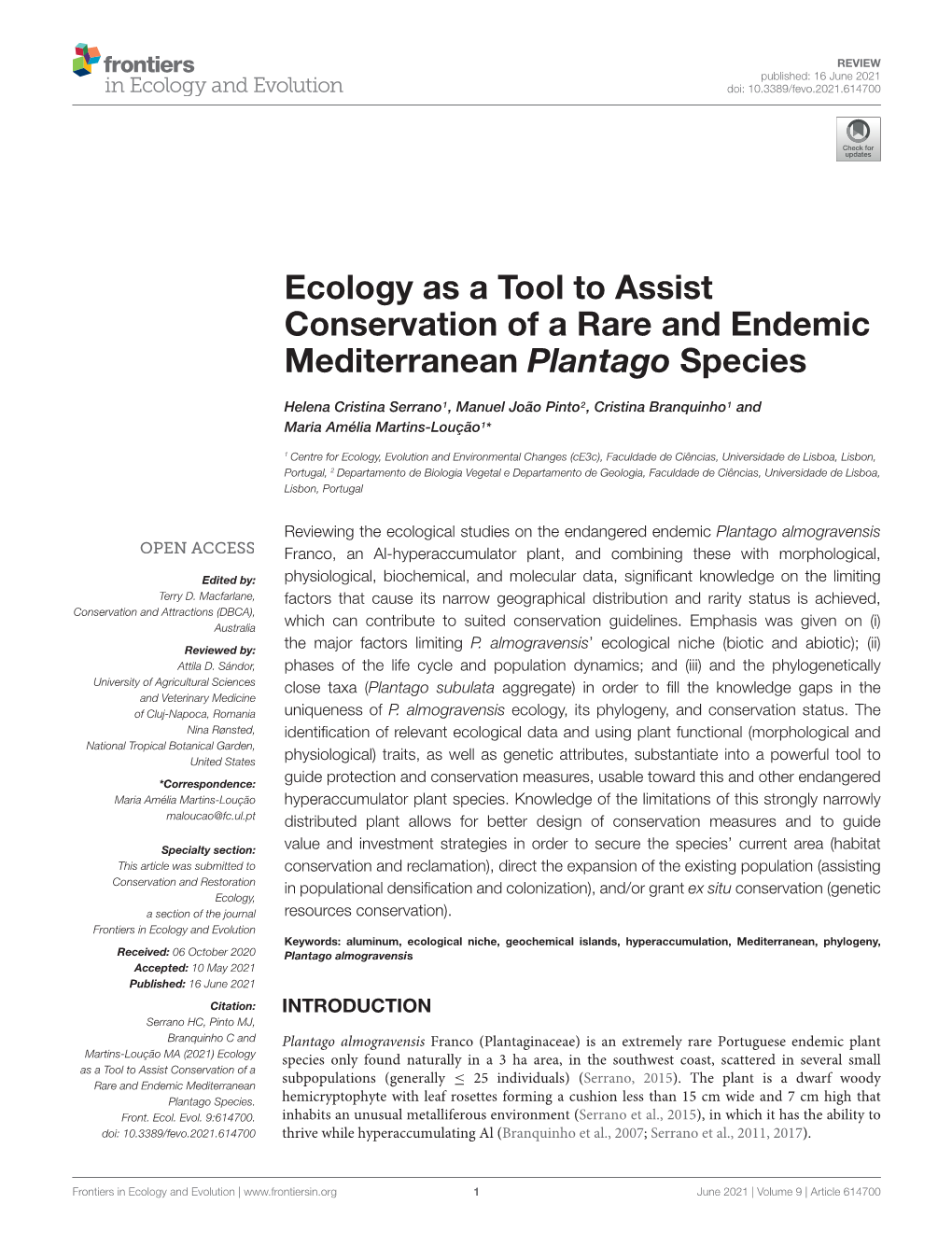 Ecology As a Tool to Assist Conservation of a Rare and Endemic Mediterranean Plantago Species