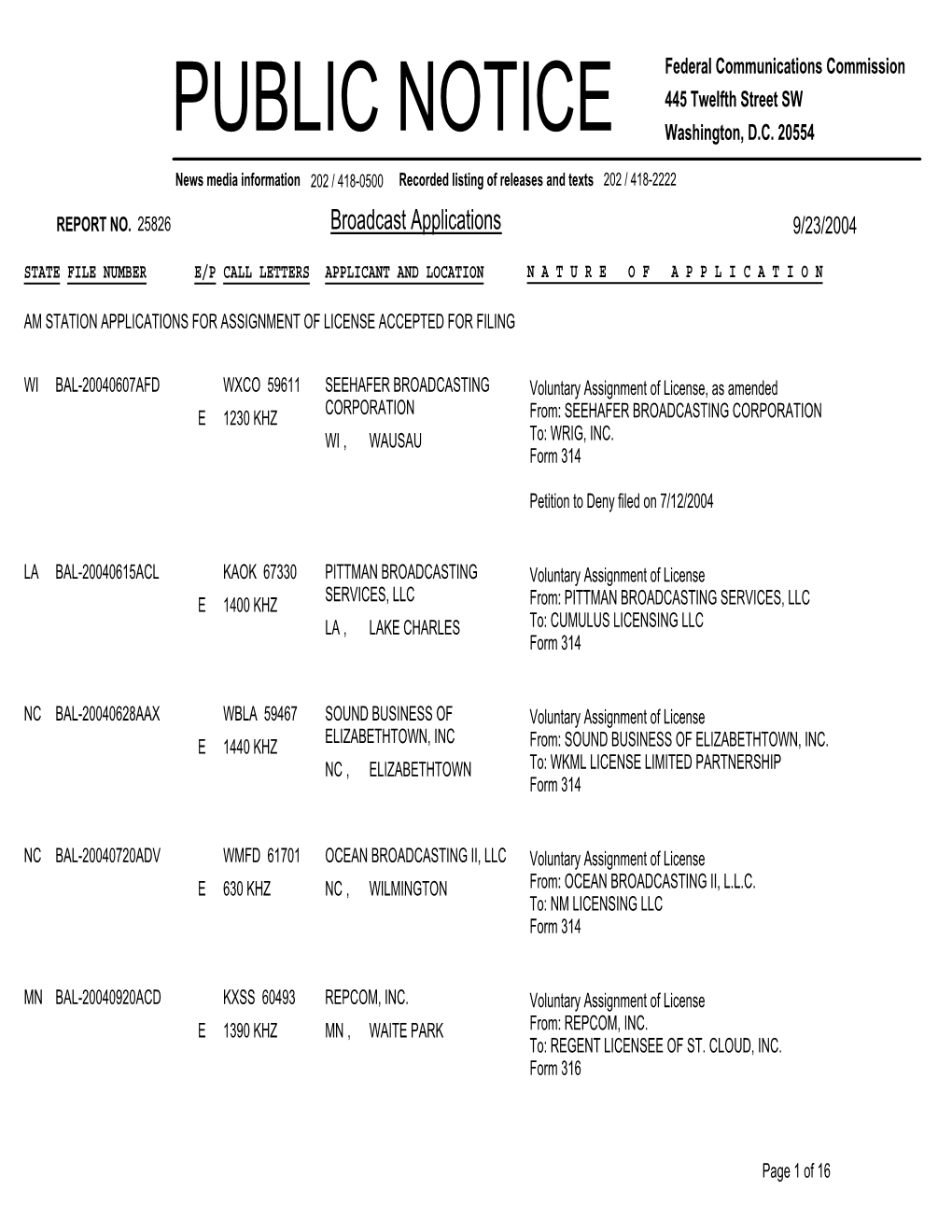 PUBLIC NOTICE Federal Communications Commission