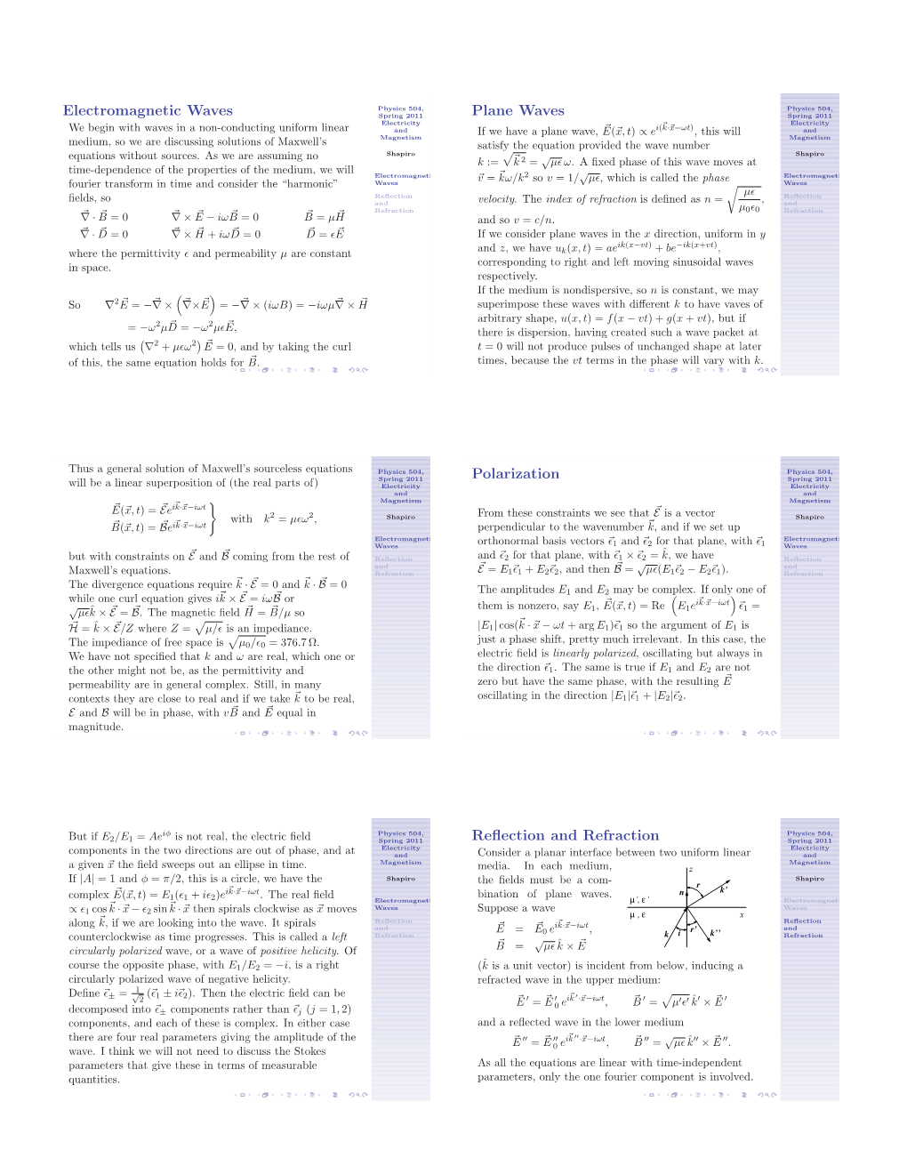 Electromagnetic Waves Plane Waves Polarization Reflection and Refraction