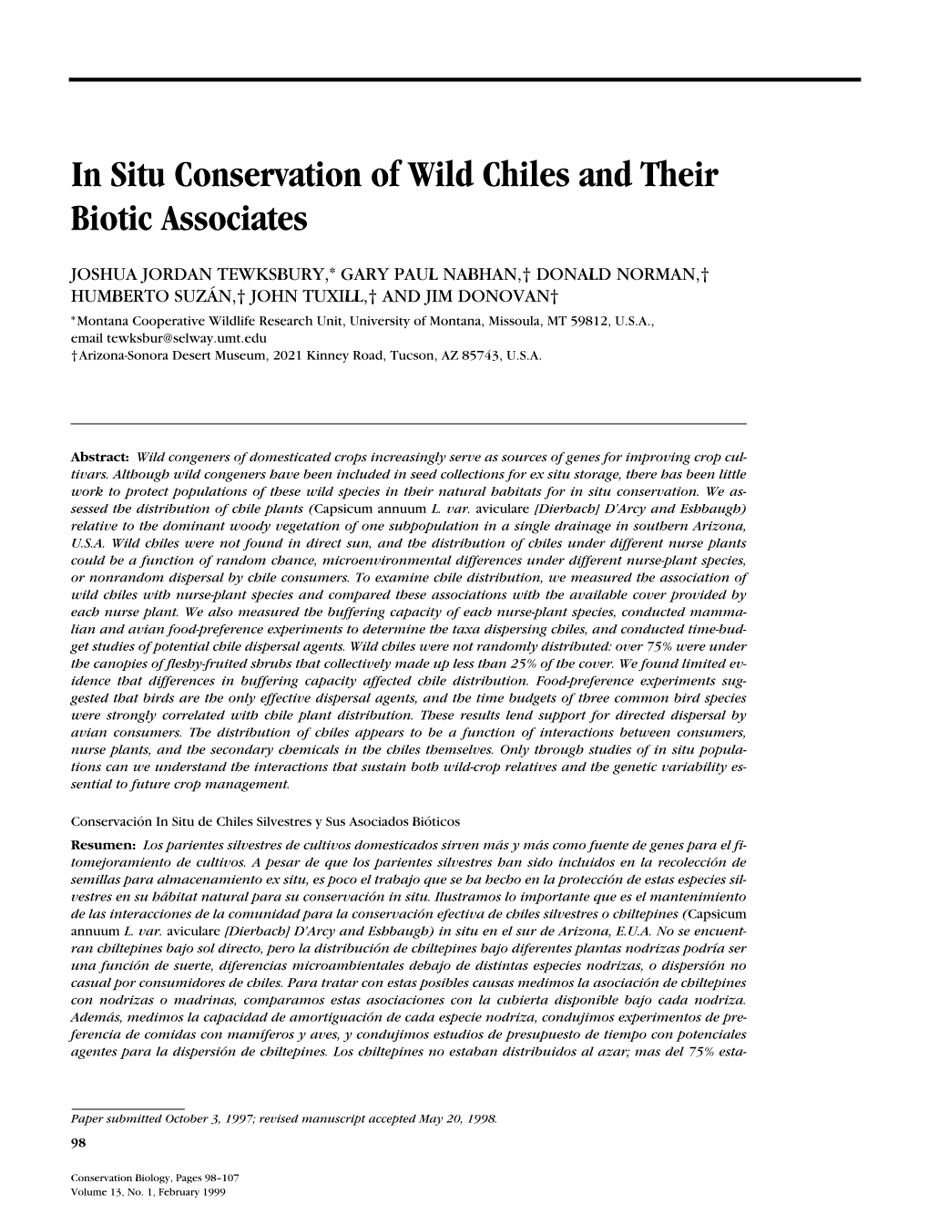 In Situ Conservation of Wild Chiles and Their Biotic Associates