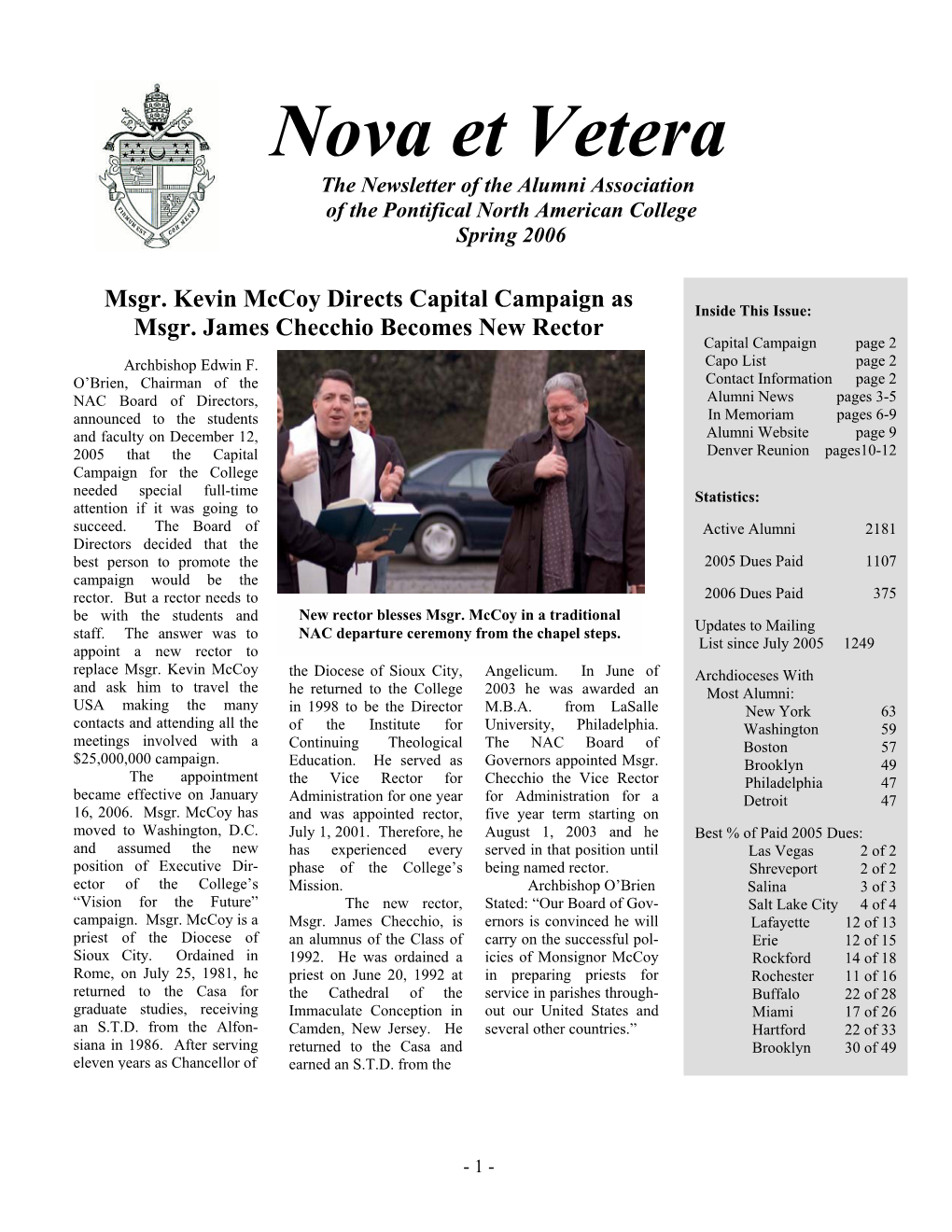Nova Et Vetera the Newsletter of the Alumni Association of the Pontifical North American College Spring 2006